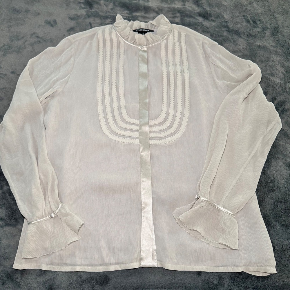 Ellen Tracy Silver Sheer Pleated Ruffle Blouse Hidden Button Front Size 14 Shirt